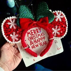 Disney Sparkle Red Minnie Ears Green Dot Bow White Trim Snowflake Headband 🪄❄️❤️